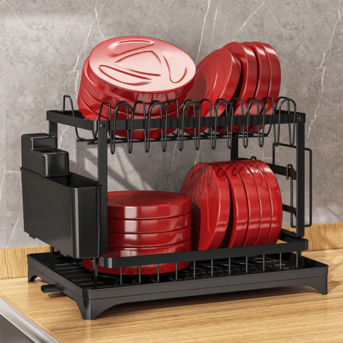 2 Tier Dish Drain Rack with Draining Outlet