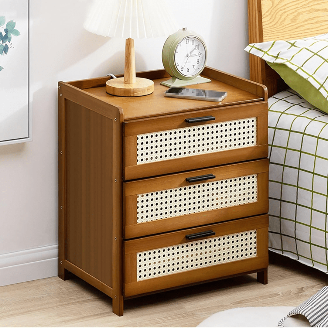 Bamboo Wood Bedside Table with Sliding Drawer & Rattan Cabinet (42cm)