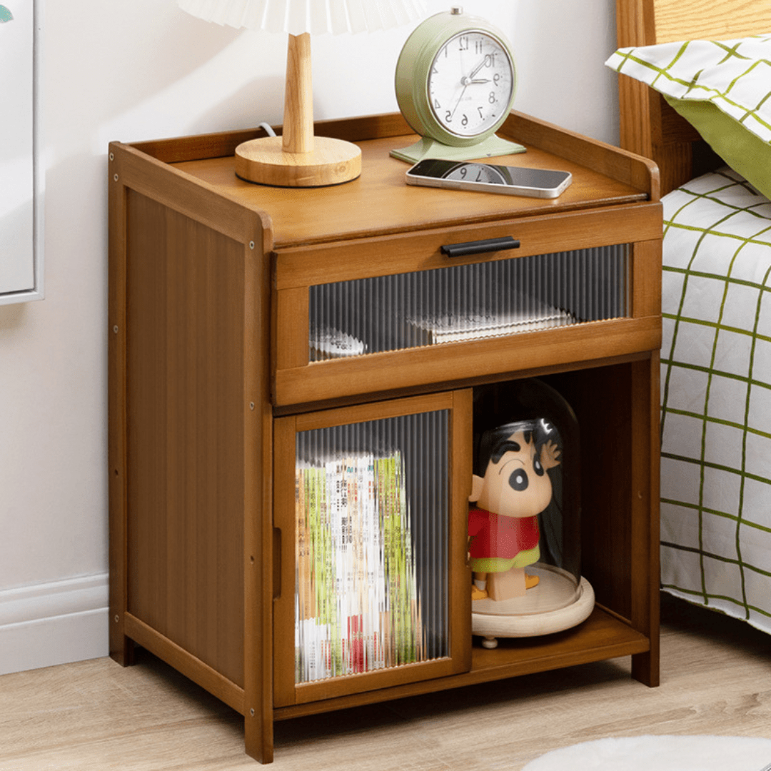 Bamboo Bedside Table with Silent Sliding Drawer & Clear Panel (42cm)