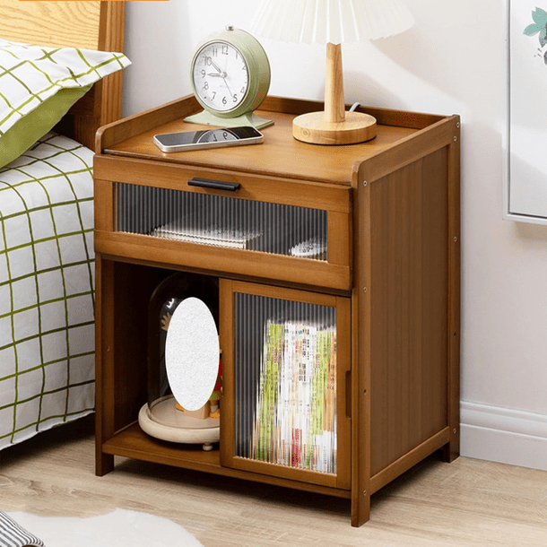 Bamboo Wood Bedside Table with Sliding Drawer & Rattan Cabinet (42cm)