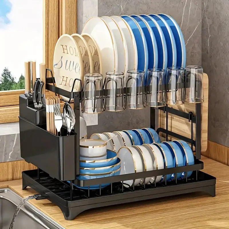 2 Tier Dish Drain Rack with Draining Outlet