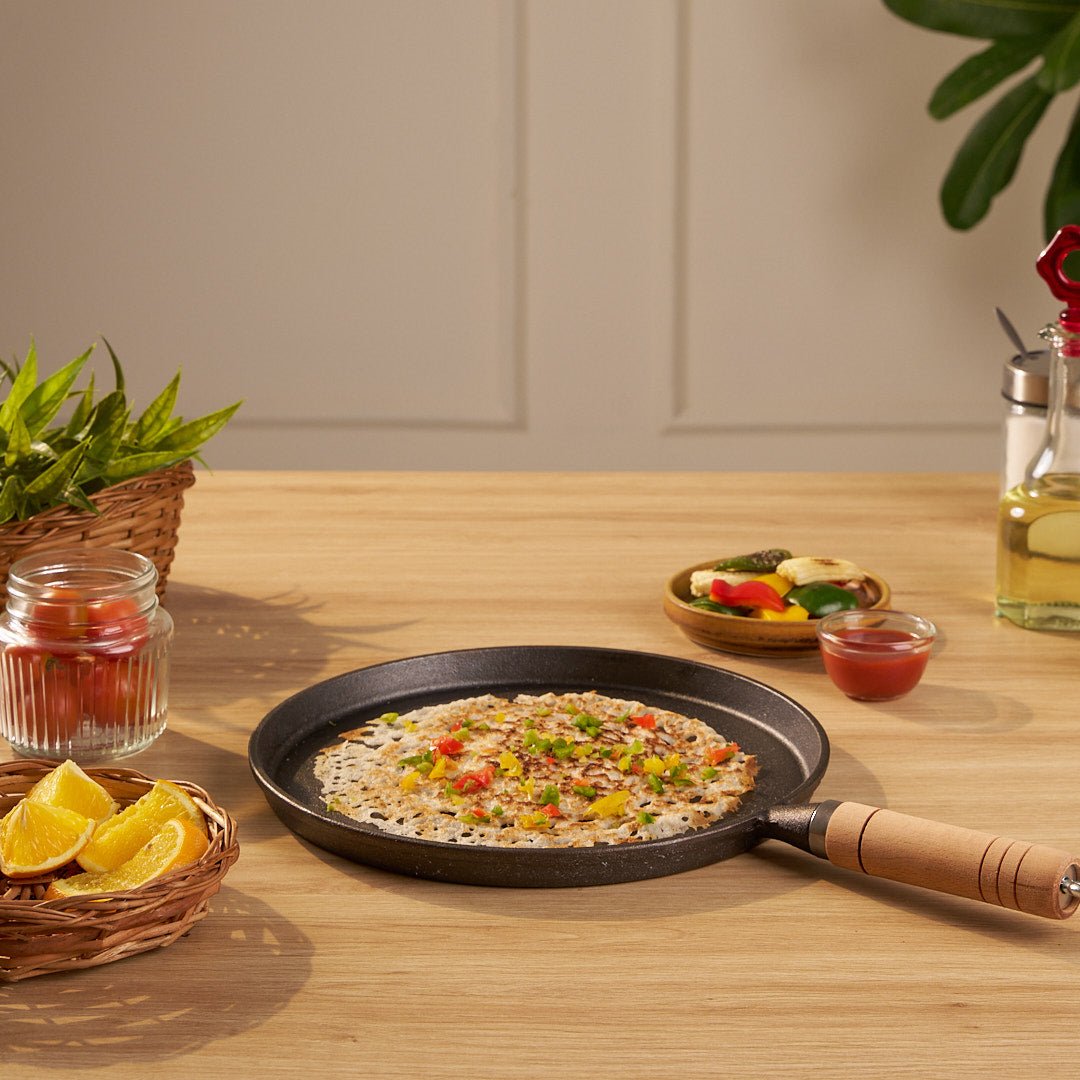 Cast Iron Non-Stick Tawa with Wooden Handle (23 cm)
