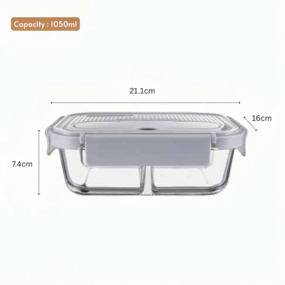 2-Compartment Rectangle Glass Food Container (1050ml)