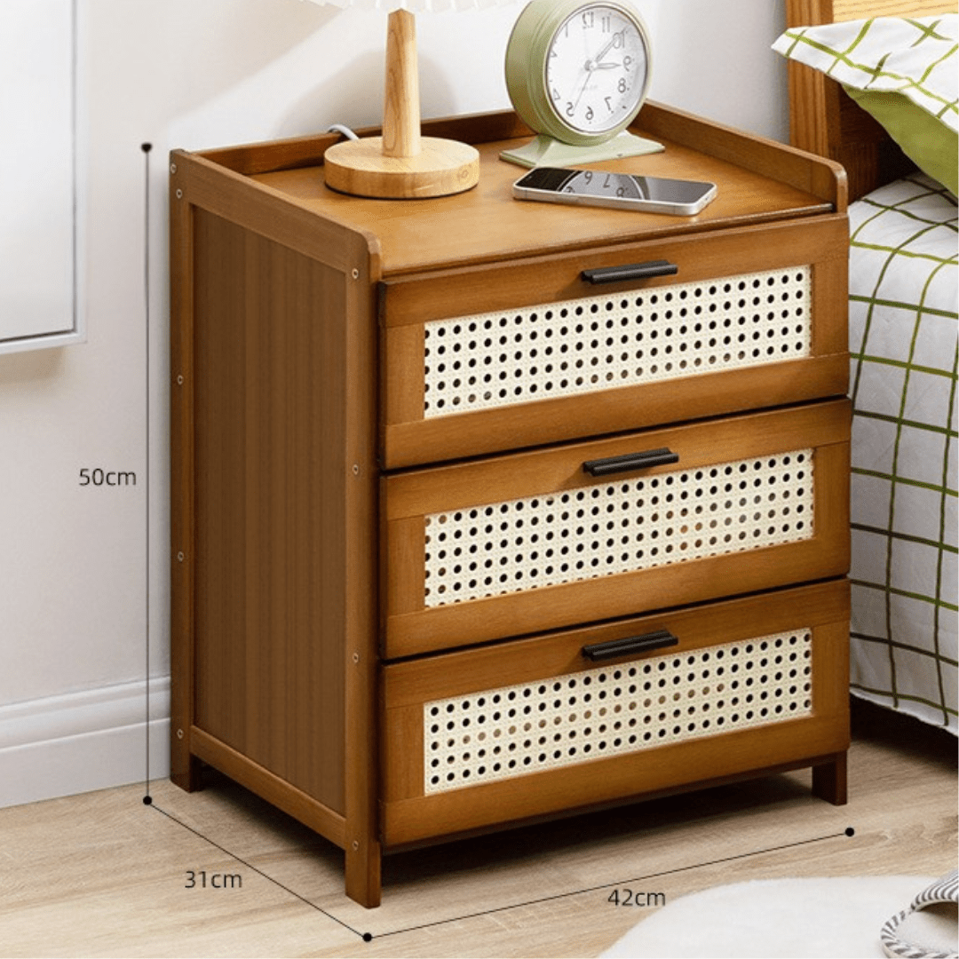 Bamboo Wood Bedside Table with Sliding Drawer & Rattan Cabinet (42cm)