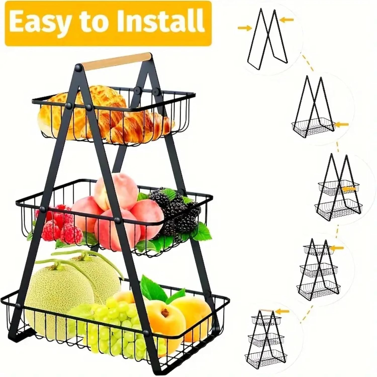 3-Tier Metal Storage Basket With Wooden Handle