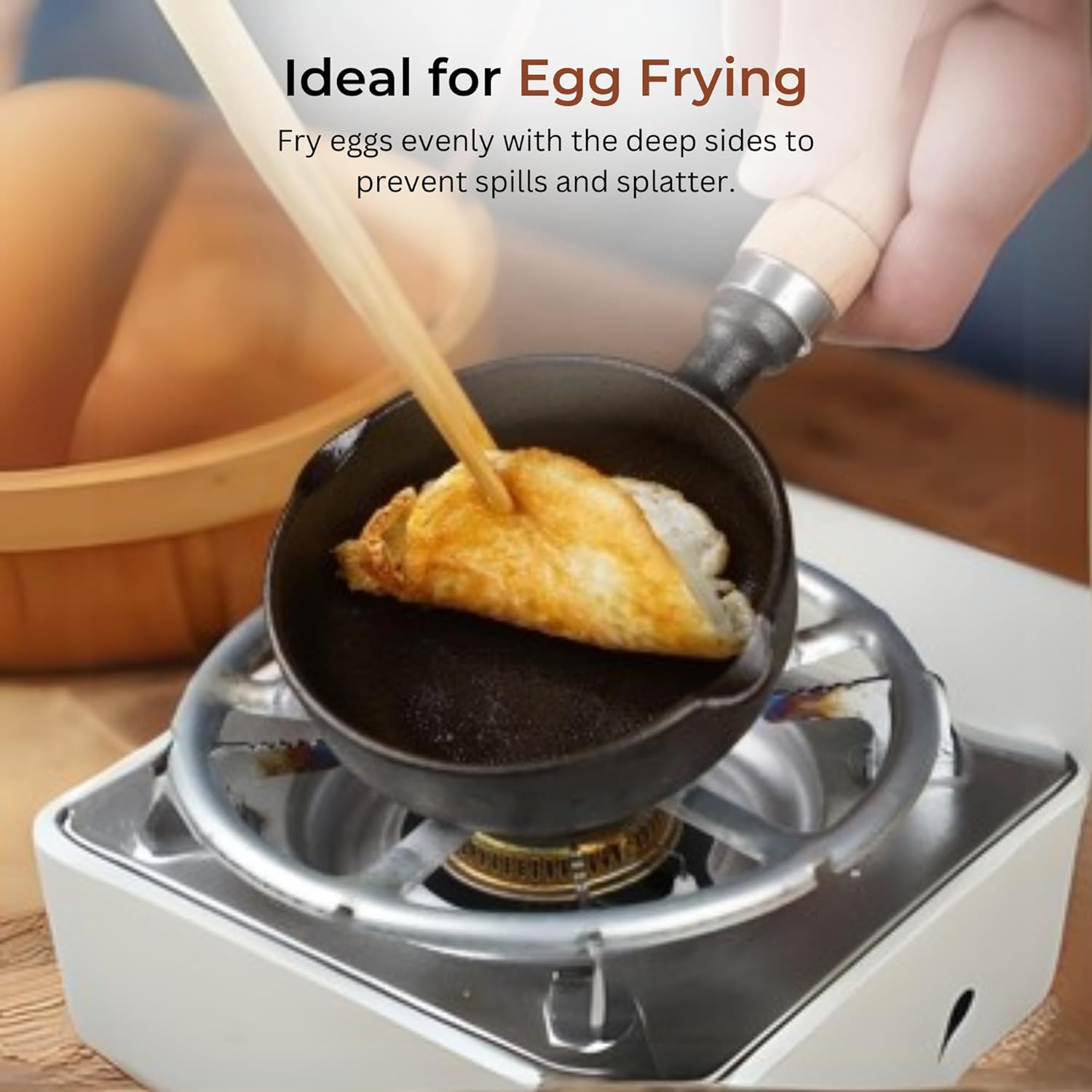 Cast Iron Non-Stick Tadka Pan with Wooden Handle