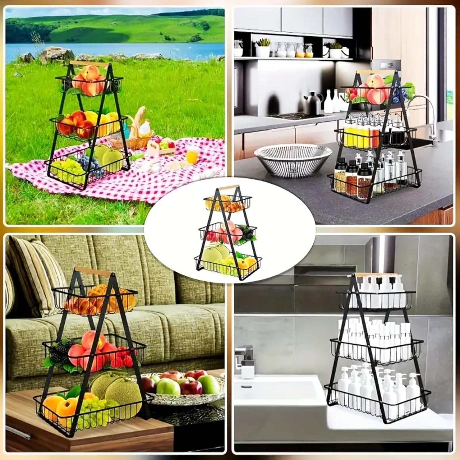 3-Tier Metal Storage Basket With Wooden Handle