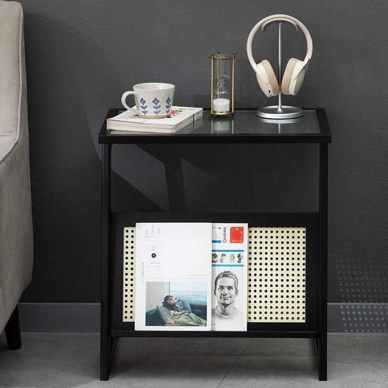 Boho Z-Shaped Glass-Top Rattan Bamboo Side Table
