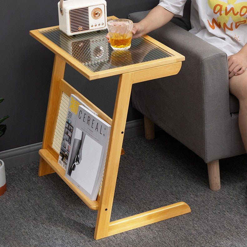 Boho Z-Shaped Glass-Top Rattan Bamboo Side Table