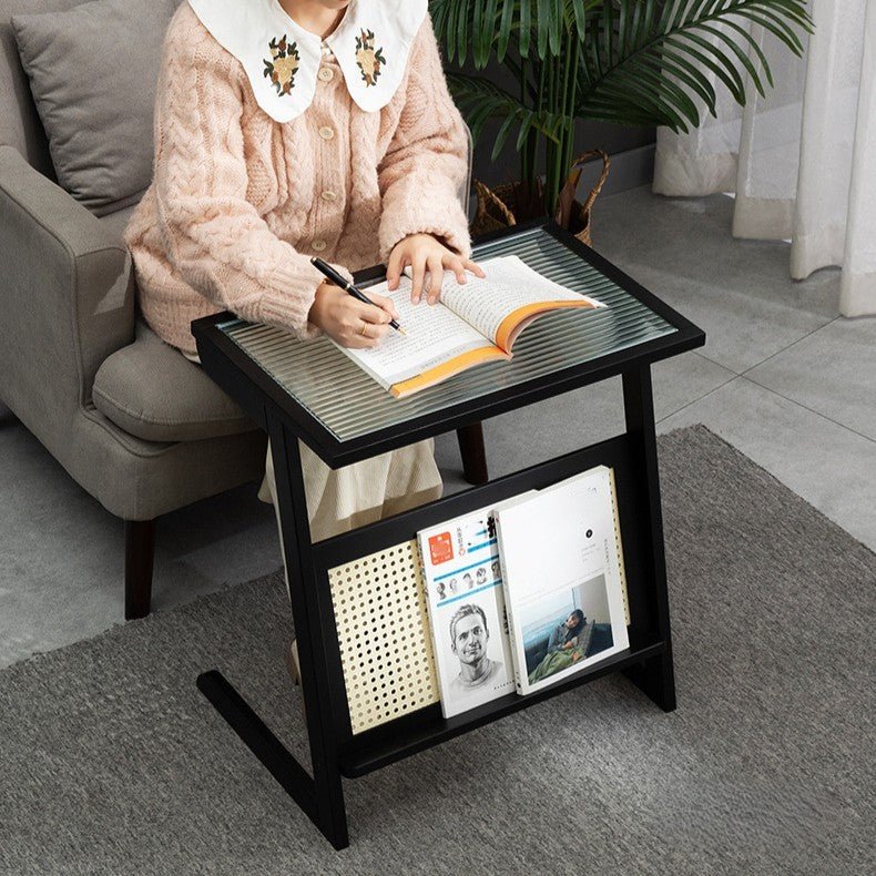 Boho Z-Shaped Glass-Top Rattan Bamboo Side Table