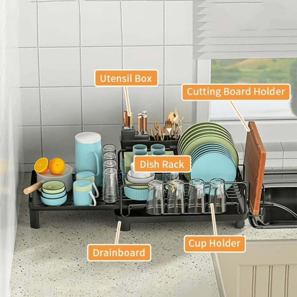 Adjustable Double-Layer Bowl Rack with Drainer (40cm)