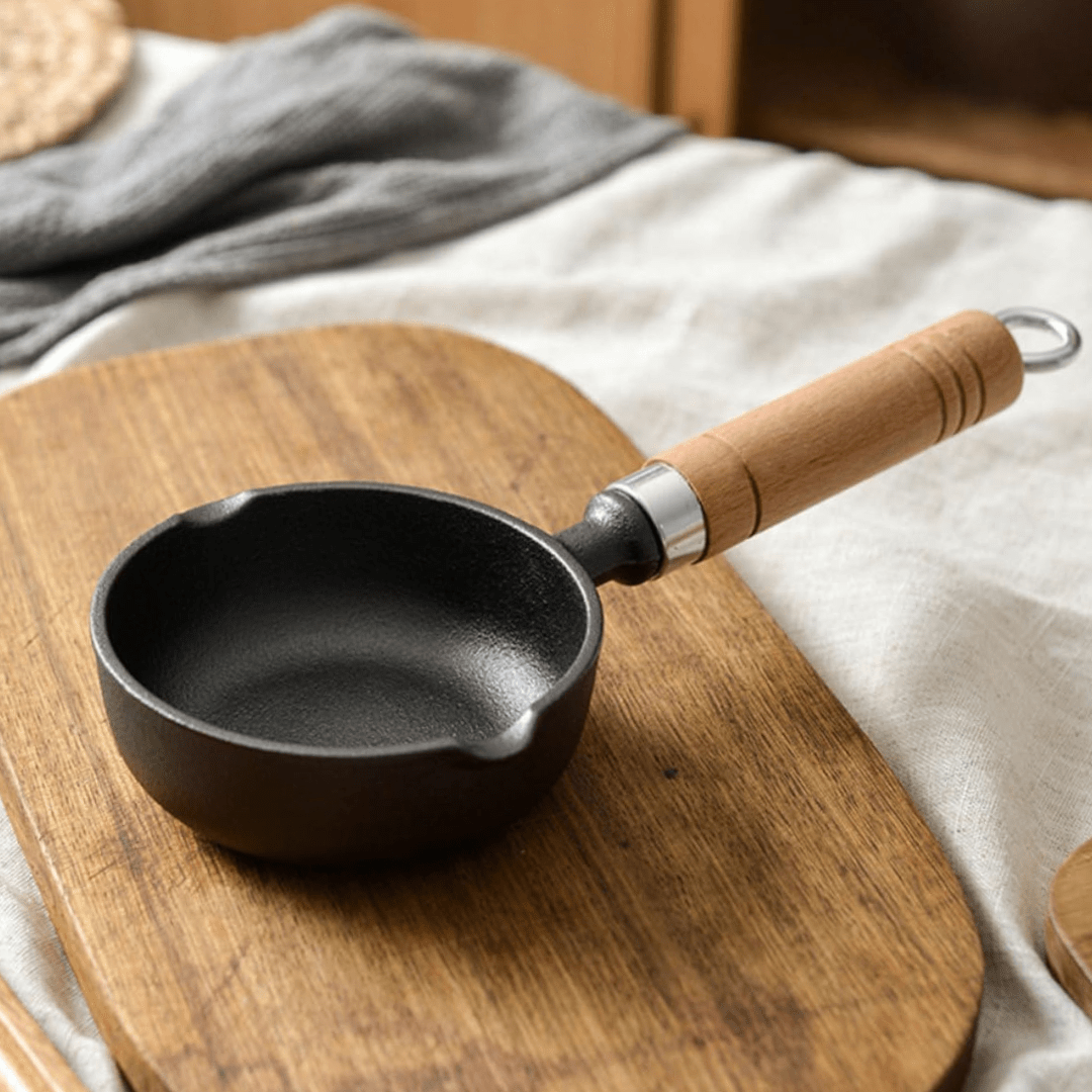 Cast Iron Non-Stick Tadka Pan with Wooden Handle