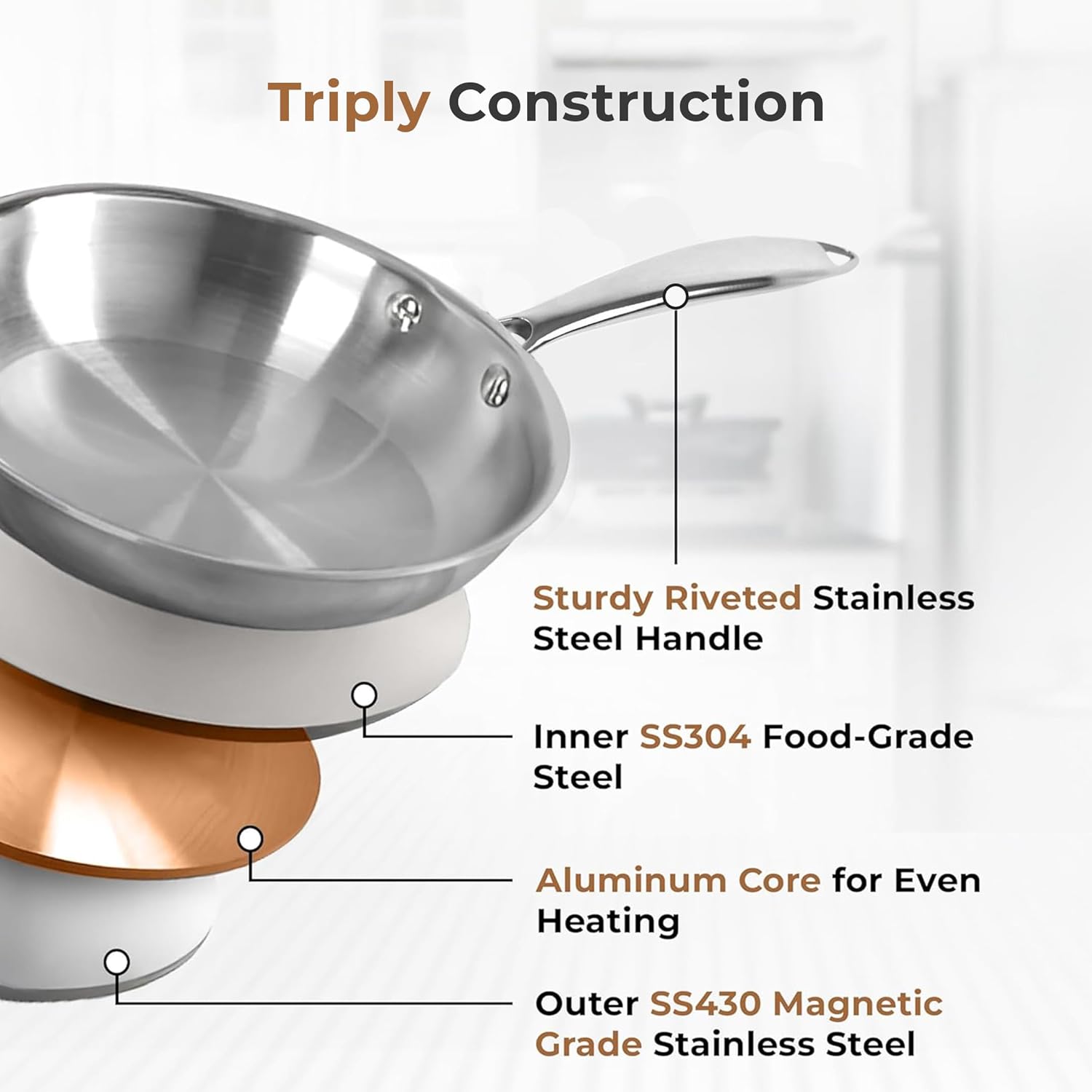 Versatile Tri-Ply Stainless Steel Fry Pan With Lid(24cm)