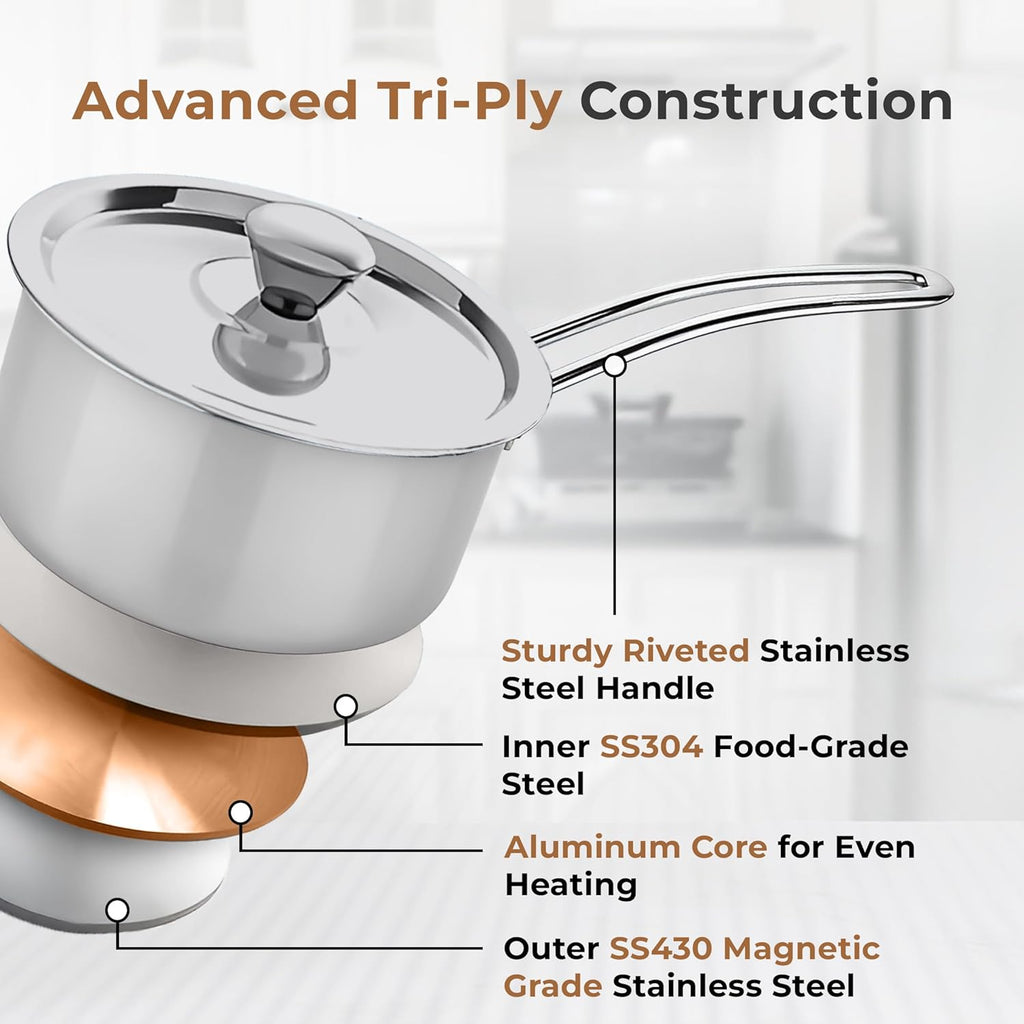 Versatile Tri-Ply Stainless Steel Saucepan with Lid(16cm)