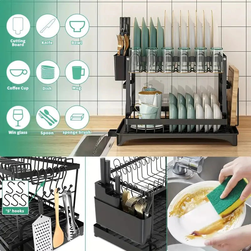 2 Tier Dish Drain Rack with Draining Outlet