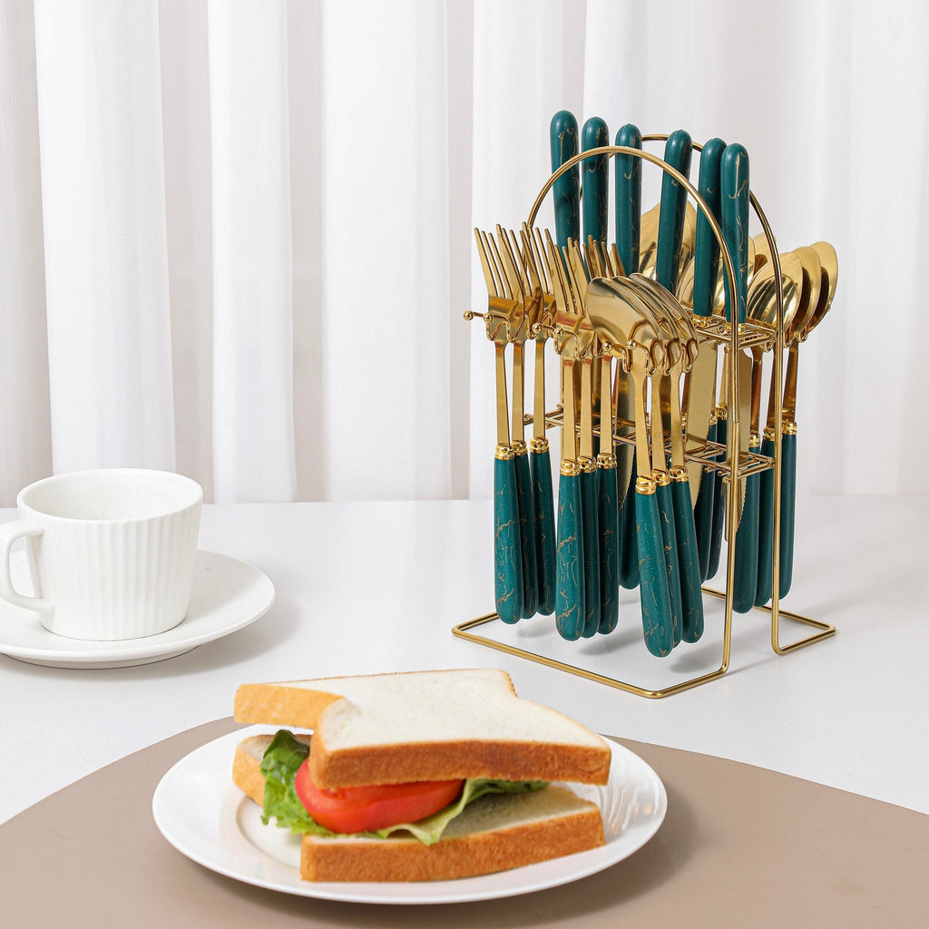 24-Piece Stainless Steel Cutlery Set with Marble Handle