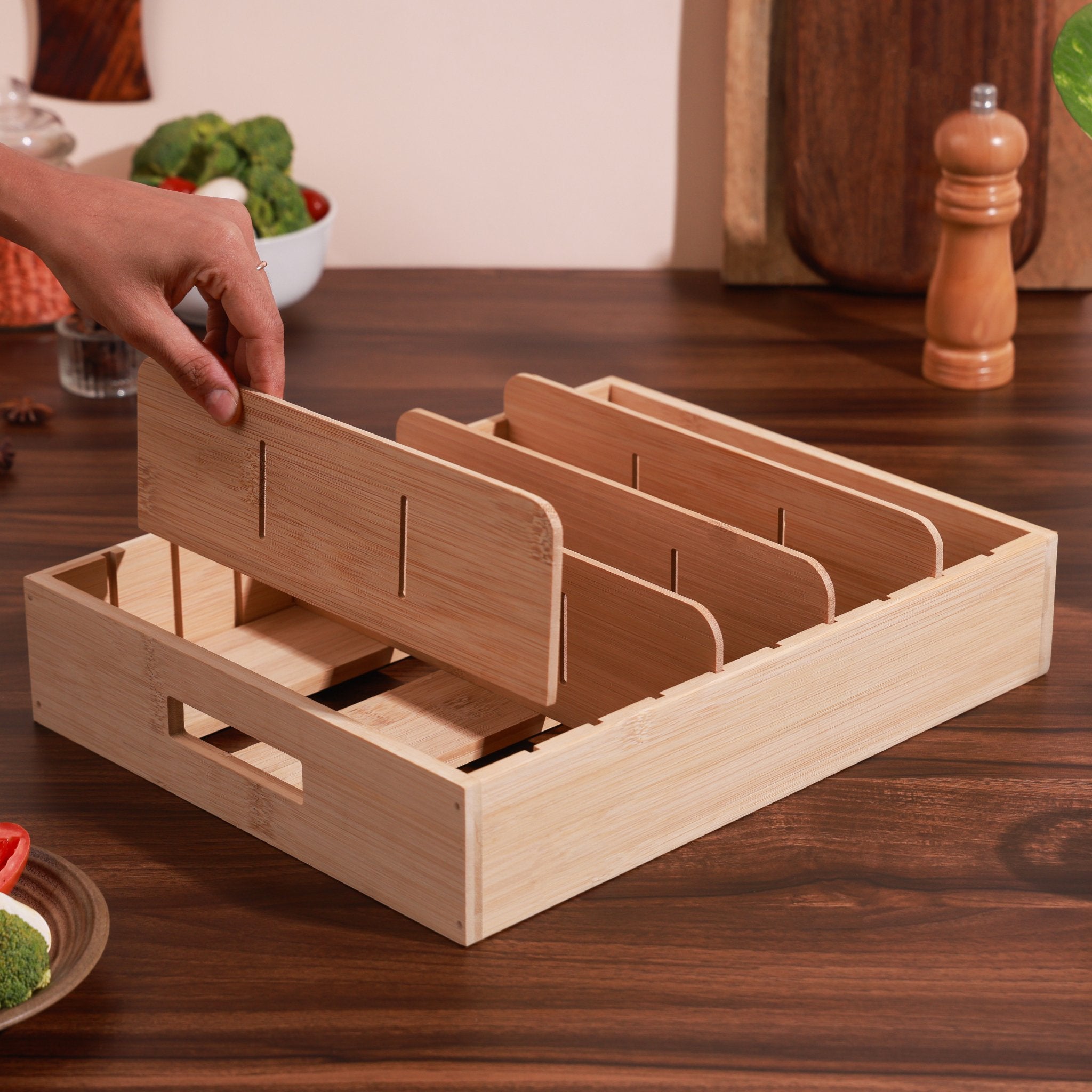 Adjustable Compartment Bamboo Storage Tray