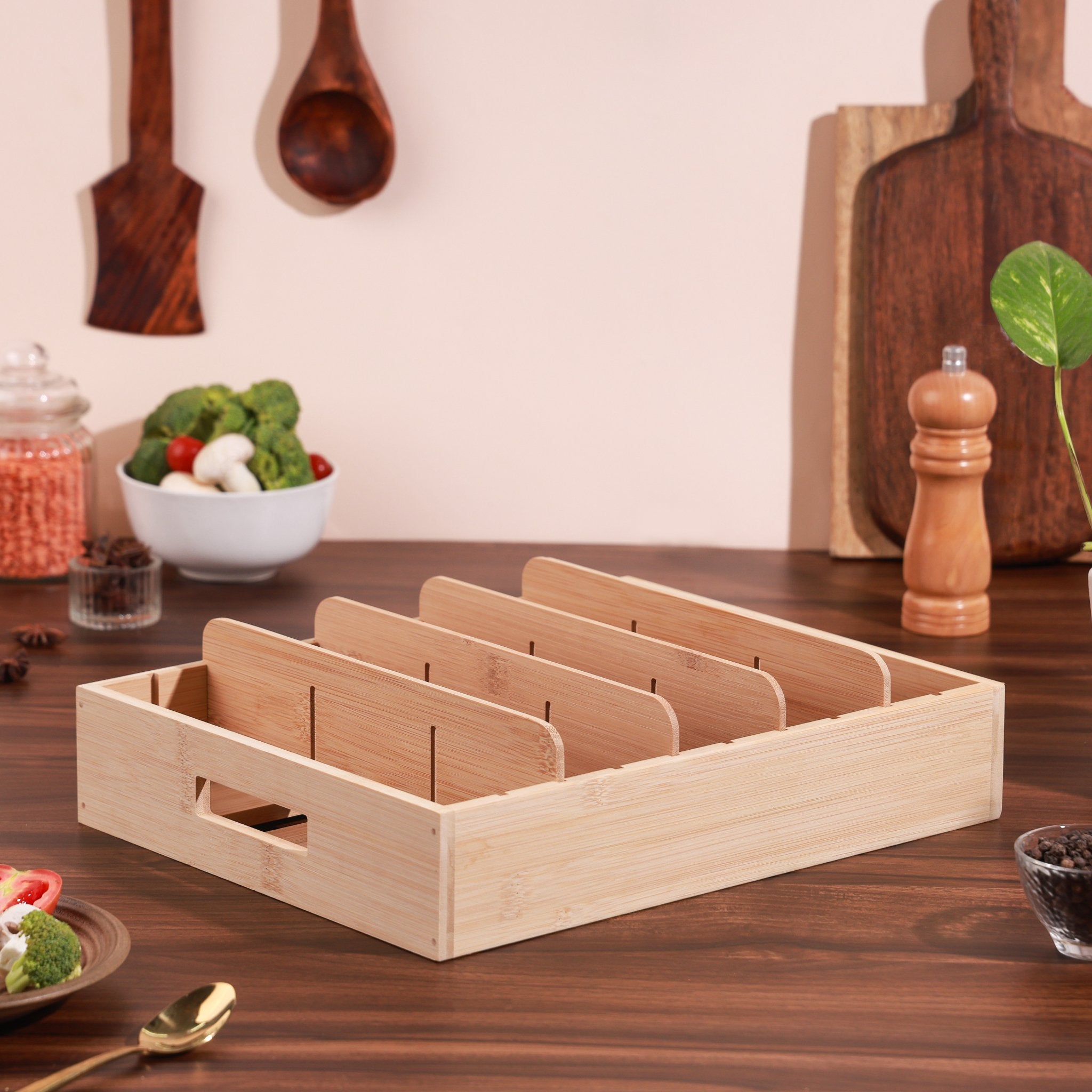 Adjustable Compartment Bamboo Storage Tray